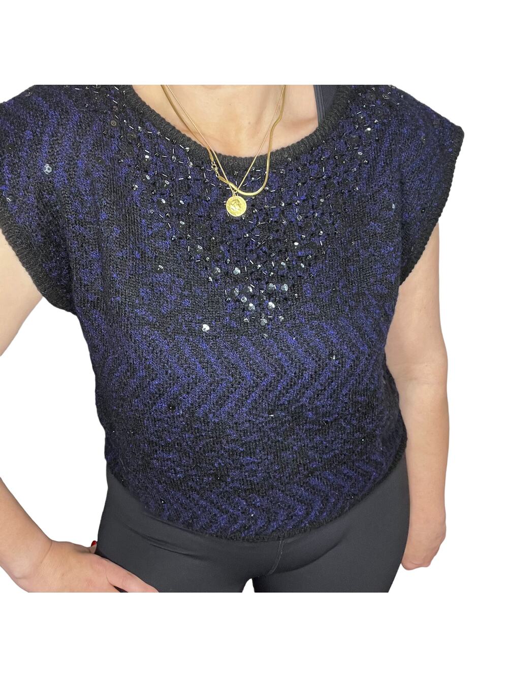 Vintage Beaded Sequin Knit Sweater Vest Navy Black Cropped Glam Party Top S